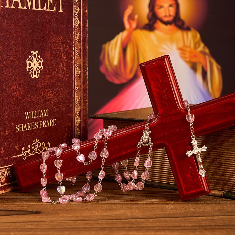 Christiandiscipleshop Our Lady & Crucifix of 8mm Heart Acrylic Pink Alloy Chain Rosary