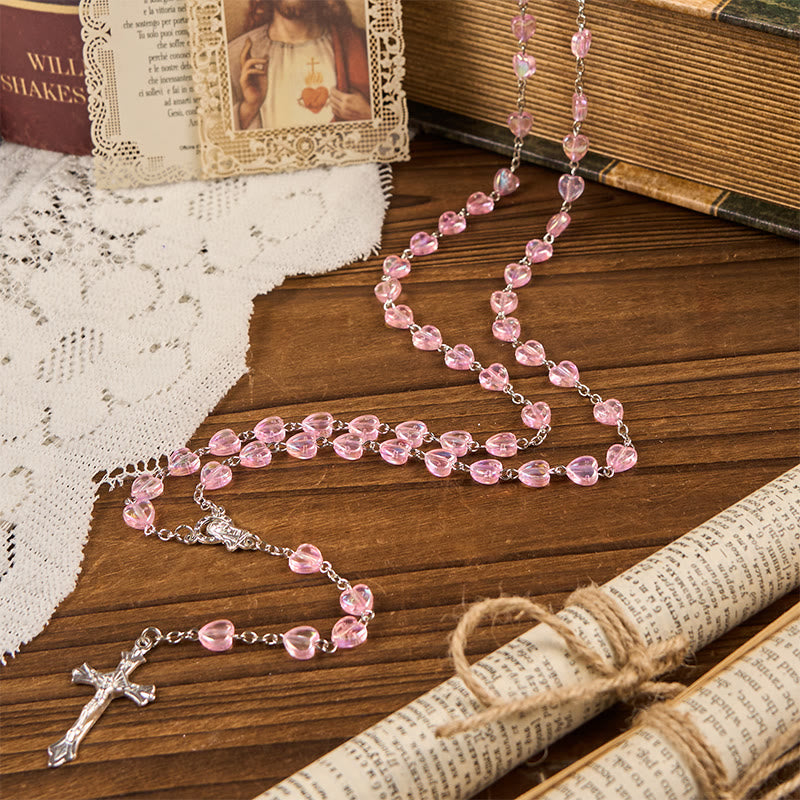 Christiandiscipleshop Our Lady & Crucifix of 8mm Heart Acrylic Pink Alloy Chain Rosary