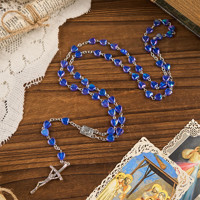 Christiandiscipleshop Our Lady & Crucifix of 8mm Heart Acrylic Blue Alloy Chain Rosary