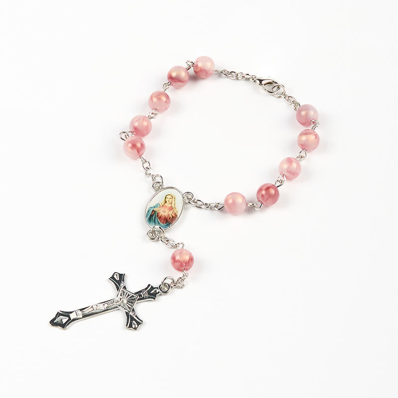 christiandiscipleshop Immaculate Heart of Mary of 8mm Round Pink Alloy Chain Rosary