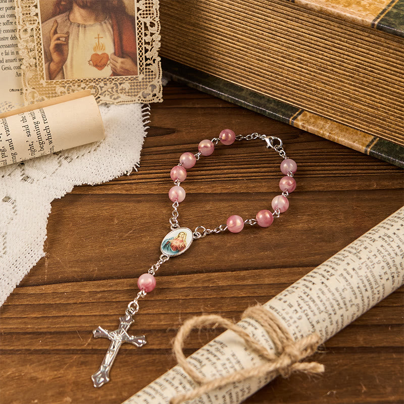 christiandiscipleshop Immaculate Heart of Mary of 8mm Round Pink Alloy Chain Rosary
