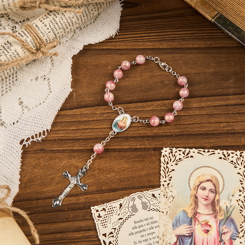 christiandiscipleshop Immaculate Heart of Mary of 8mm Round Pink Alloy Chain Rosary