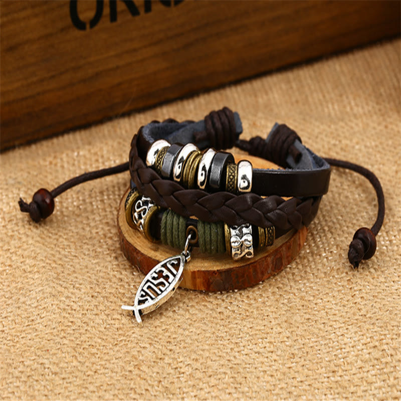 Christiandiscipleshop Retro Jesus Fish Adjustable Leather Cord Bracelet