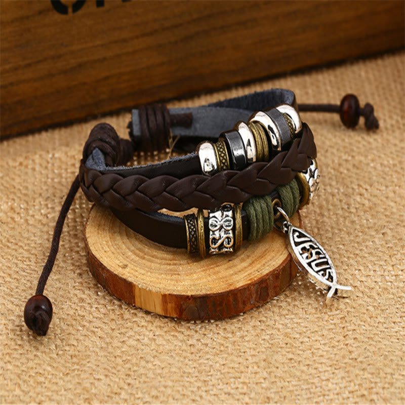 Christiandiscipleshop Retro Jesus Fish Adjustable Leather Cord Bracelet