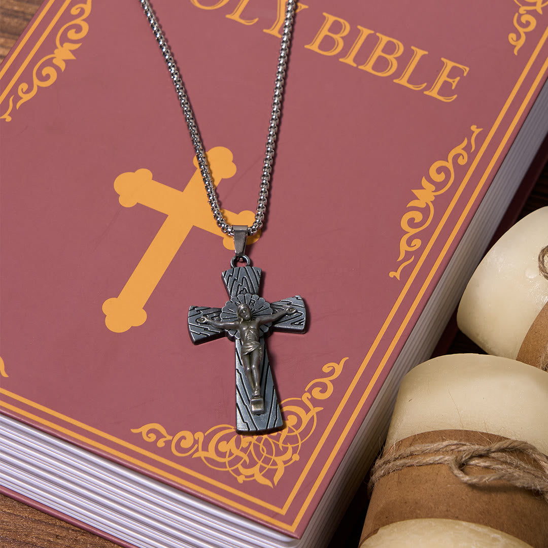 Christiandiscipleshop Retro Style Tree Pattern Jesus Cross Titanium Steel Pendant Necklace