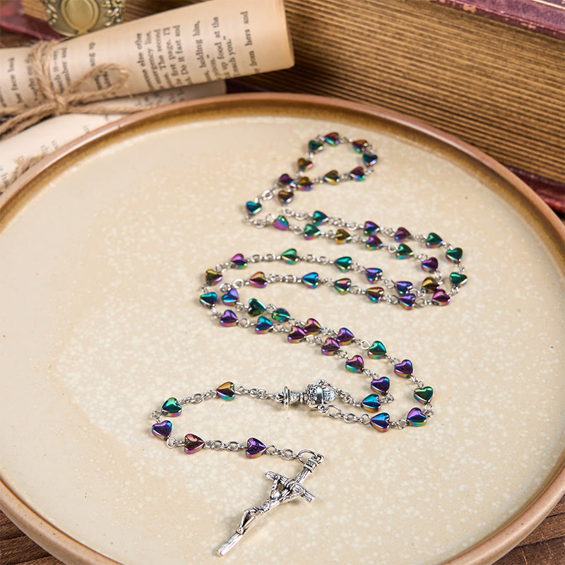 christiandiscipleshop Holy Gail & Crucifix of 6 mm Heart Multicolor Black Gallstone Alloy Chain Rosary
