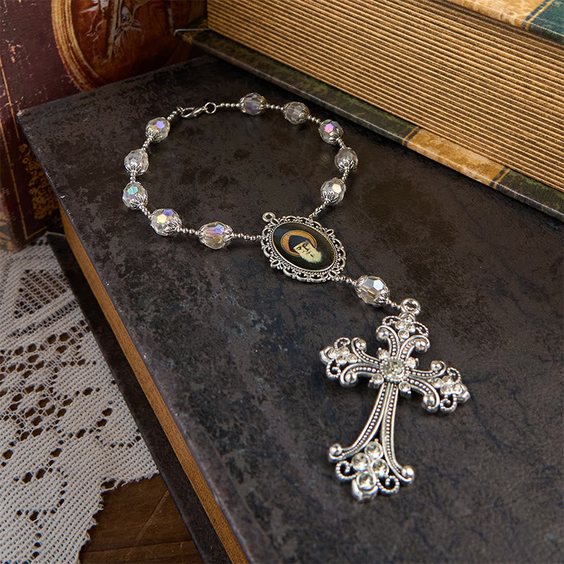 Christiandiscipleshop St. Charbel Medal & Cross of 10mm Clear Crystal One Decade Pocket Rosary