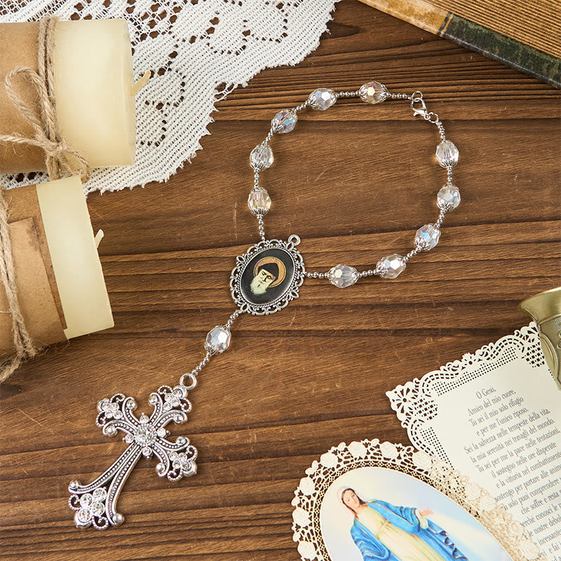 Christiandiscipleshop St. Charbel Medal & Cross of 10mm Clear Crystal One Decade Pocket Rosary
