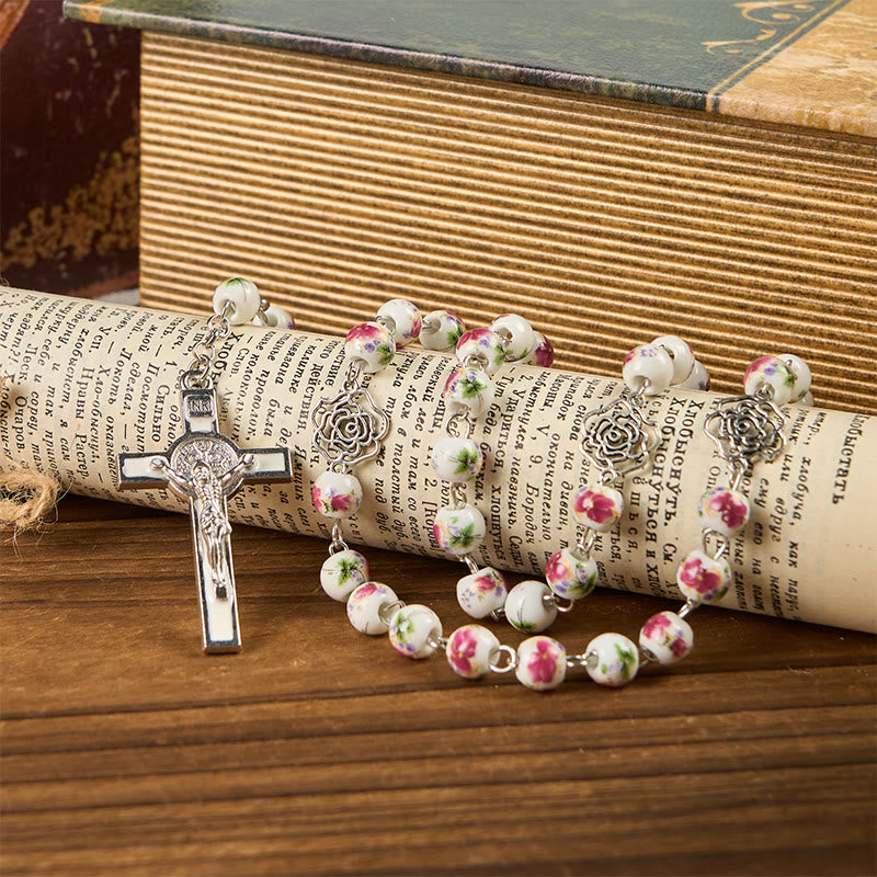 christiandiscipleshop Miraculous Medal & Crucifix of 8mm Pink Floral Ceramics Beads Prayer Rosary
