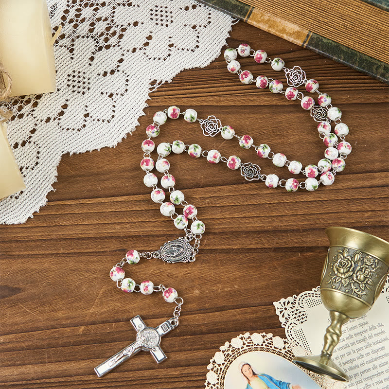 christiandiscipleshop Miraculous Medal & Crucifix of 8mm Pink Floral Ceramics Beads Prayer Rosary