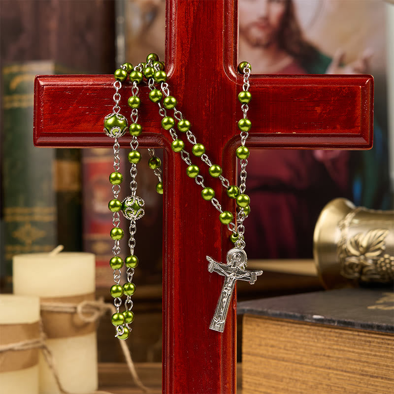 Christiandiscipleshop St. Benedict Medal & Trinity Cross of 6mm Green Floral Ball Prayer Beads Rosary