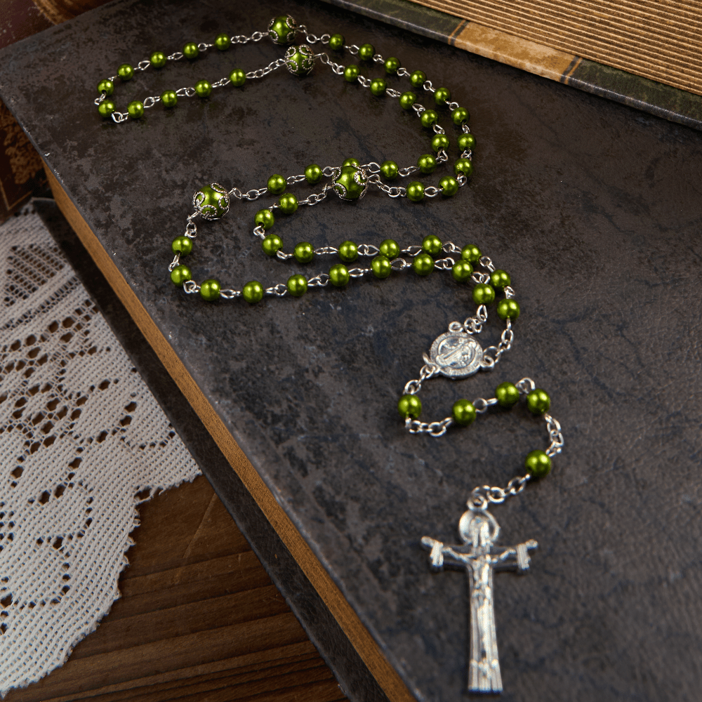 Christiandiscipleshop St. Benedict Medal & Trinity Cross of 6mm Green Floral Ball Prayer Beads Rosary