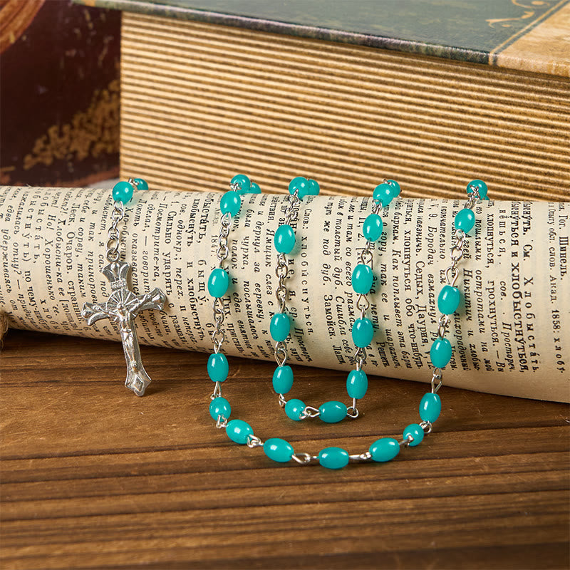 christiandiscipleshop Holy Gail & Crucifix of 6mm Aqua Blue Crystal Prayer Beads Rosary