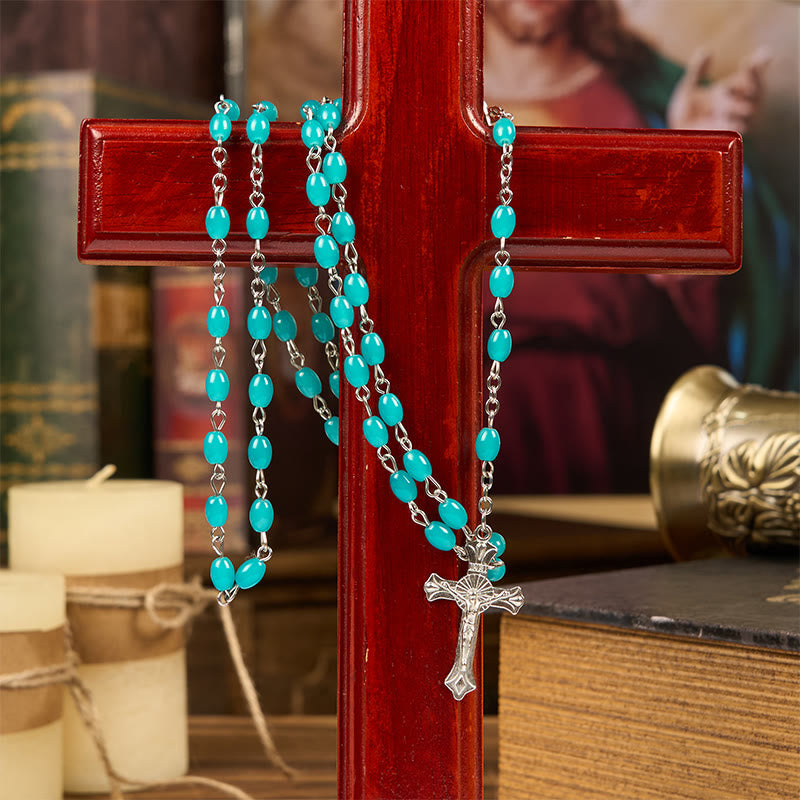 christiandiscipleshop Holy Gail & Crucifix of 6mm Aqua Blue Crystal Prayer Beads Rosary