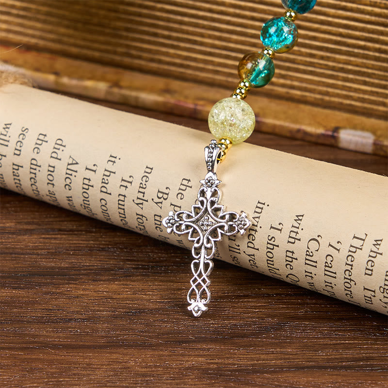 christiandiscipleshop Miraculous Medal & Celtic Cross of 8 mm Round Multicolor Glass Alloy Chain Rosary