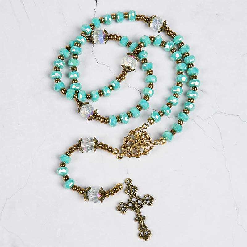 christiandiscipleshop Lorraine Cross & Crucifix of 8 mm Rondelle Aquamarine Stone Nylon Cord Rosary