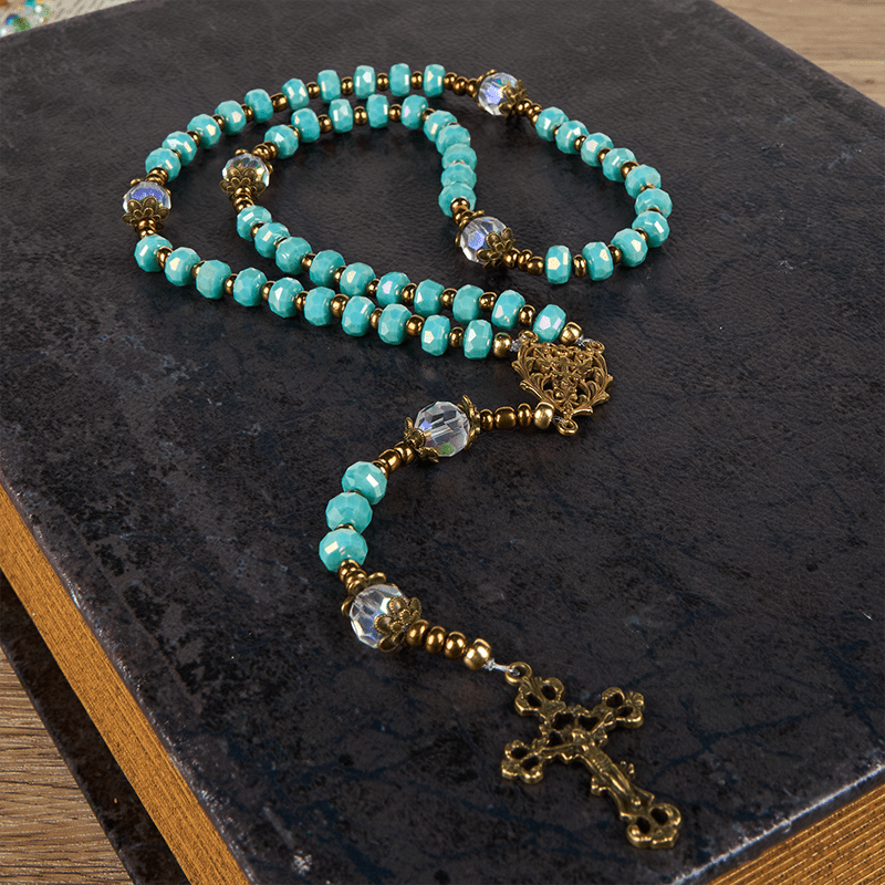 christiandiscipleshop Lorraine Cross & Crucifix of 8 mm Rondelle Aquamarine Stone Nylon Cord Rosary