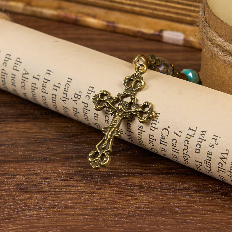 christiandiscipleshop Lorraine Cross & Crucifix of 8 mm Rondelle Aquamarine Stone Nylon Cord Rosary