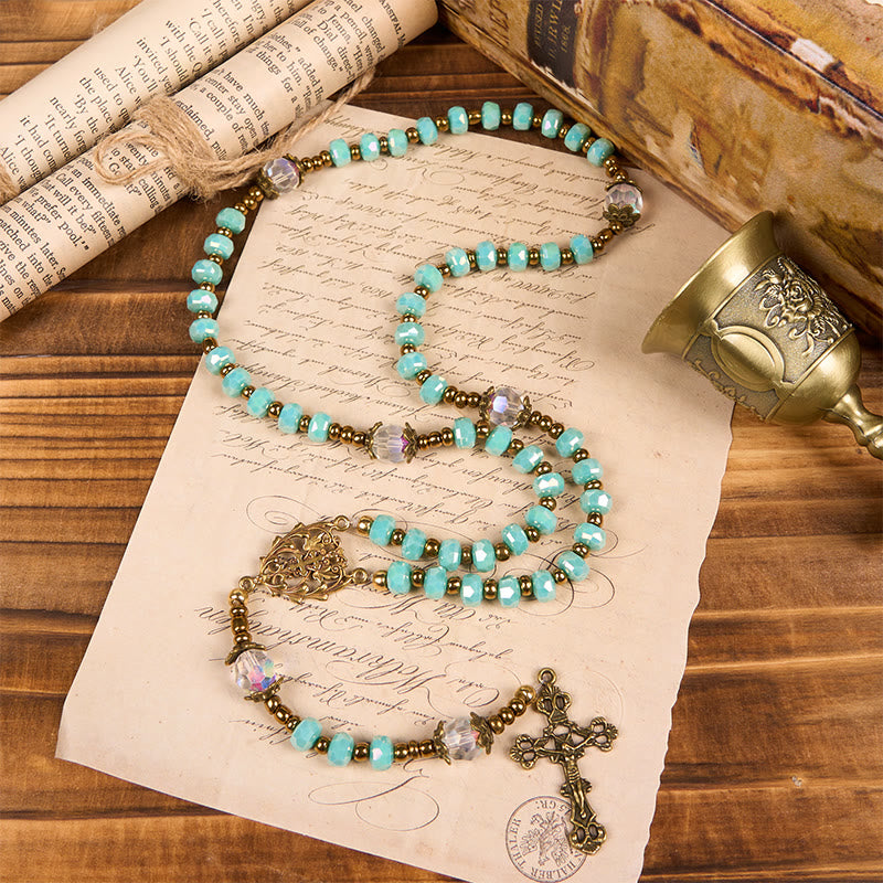 christiandiscipleshop Lorraine Cross & Crucifix of 8 mm Rondelle Aquamarine Stone Nylon Cord Rosary