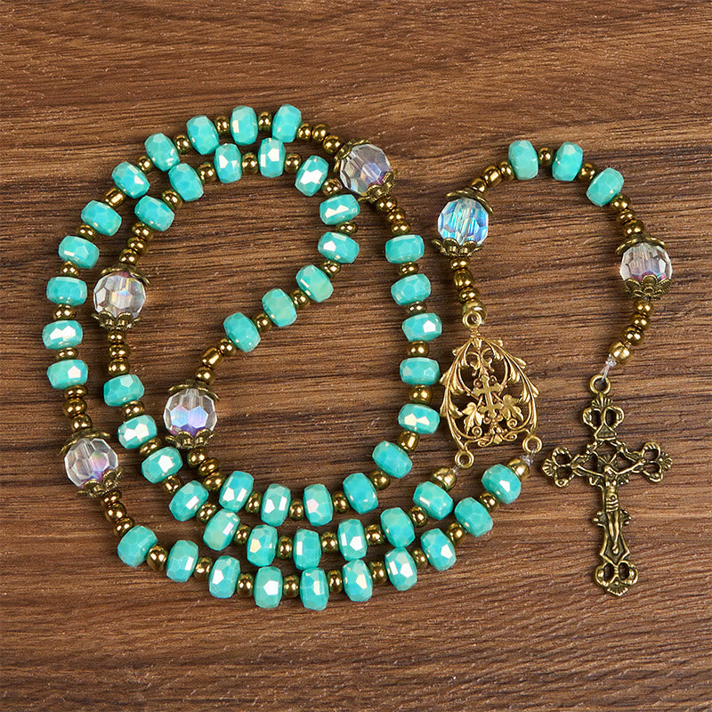 christiandiscipleshop Lorraine Cross & Crucifix of 8 mm Rondelle Aquamarine Stone Nylon Cord Rosary