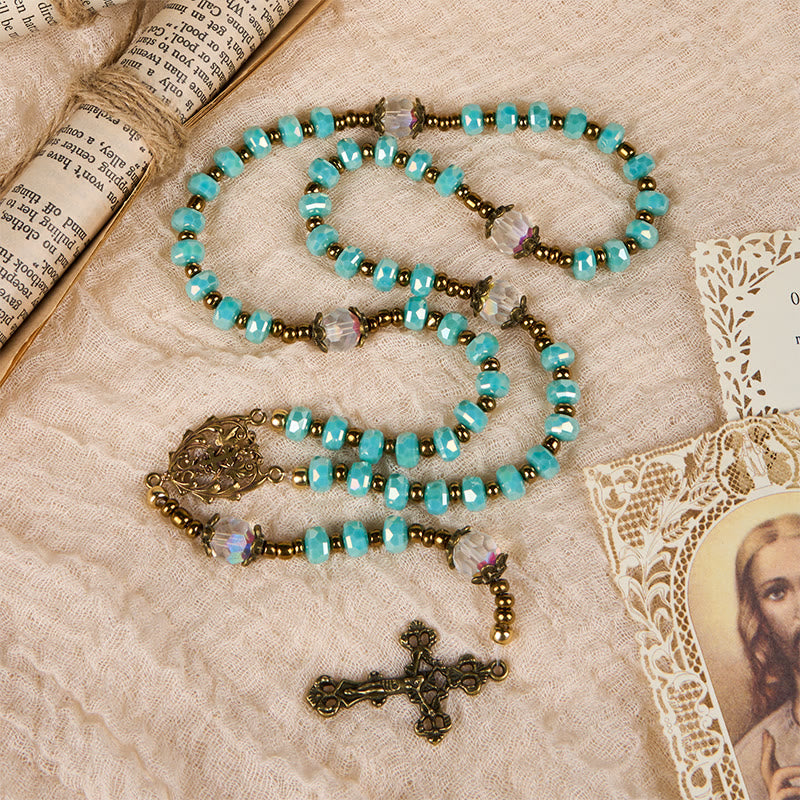 christiandiscipleshop Lorraine Cross & Crucifix of 8 mm Rondelle Aquamarine Stone Nylon Cord Rosary