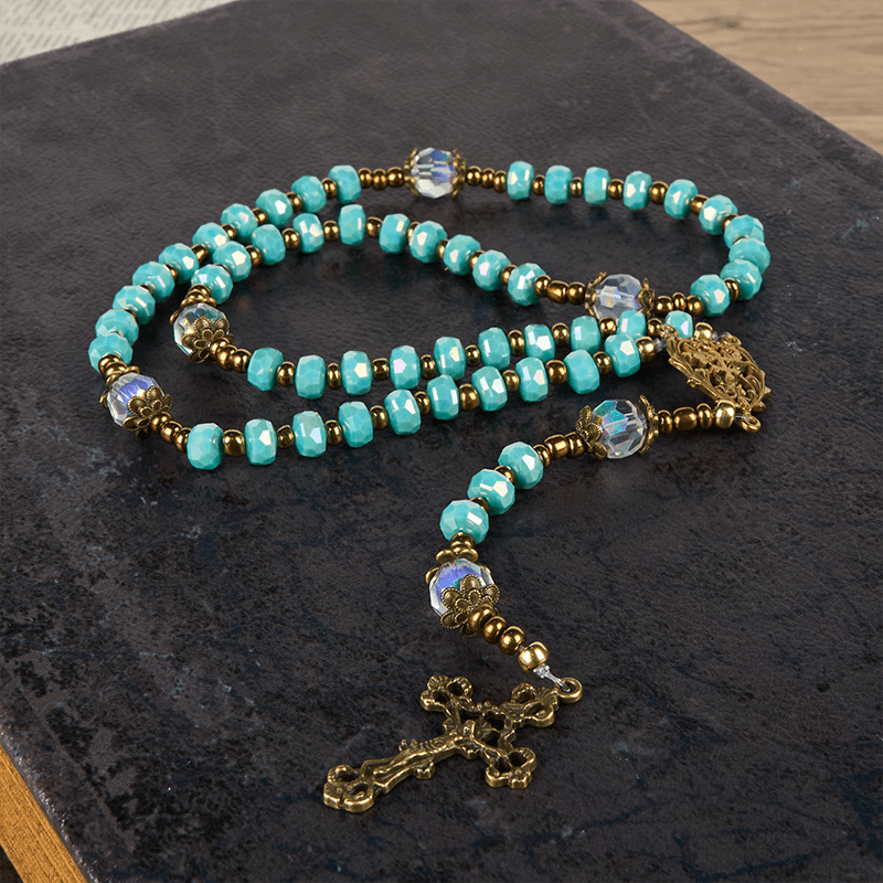 christiandiscipleshop Lorraine Cross & Crucifix of 8 mm Rondelle Aquamarine Stone Nylon Cord Rosary