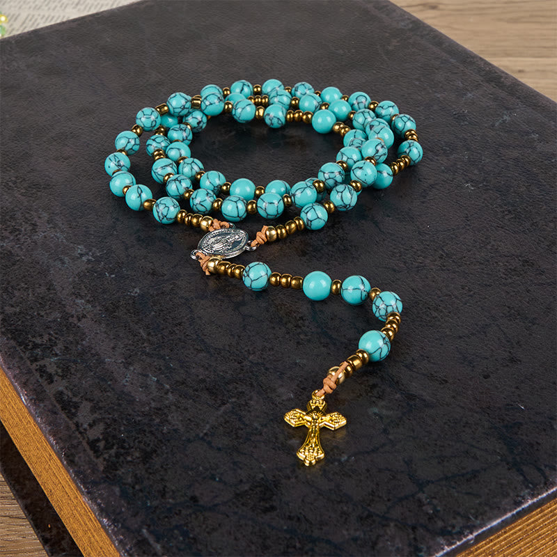 christiandiscipleshop Miraculous Medal & Crucifix of 8 mm Round Blue Acrylic Nylon Cord Rosary