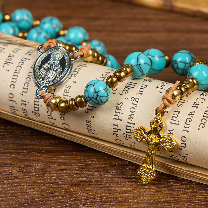 christiandiscipleshop Miraculous Medal & Crucifix of 8 mm Round Blue Acrylic Nylon Cord Rosary