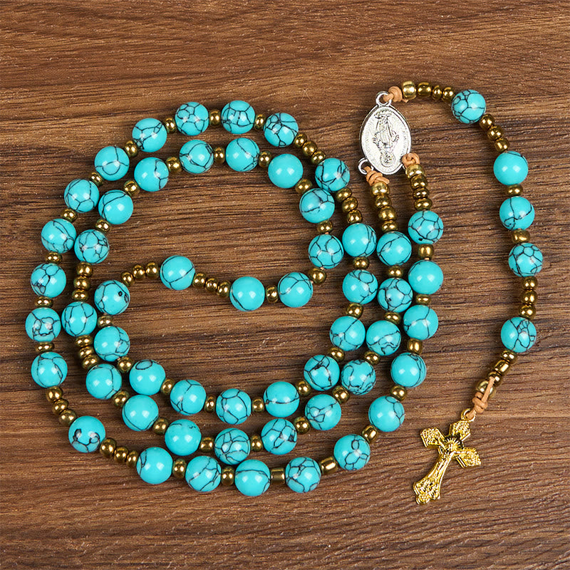 christiandiscipleshop Miraculous Medal & Crucifix of 8 mm Round Blue Acrylic Nylon Cord Rosary