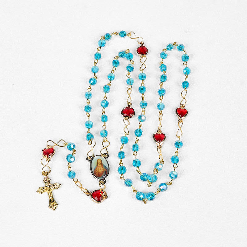 Christiandiscipleshop Sacred Heart of Jesus & Crucifix of 6 mm Polyhedron Blue Glass Alloy Chain Rosary