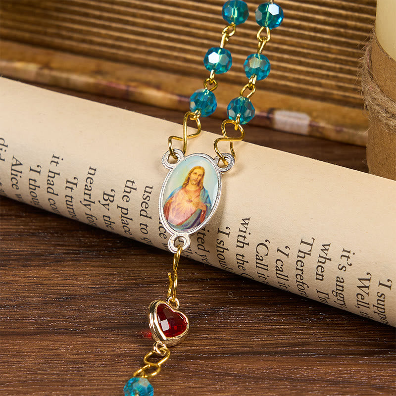 Christiandiscipleshop Sacred Heart of Jesus & Crucifix of 6 mm Polyhedron Blue Glass Alloy Chain Rosary