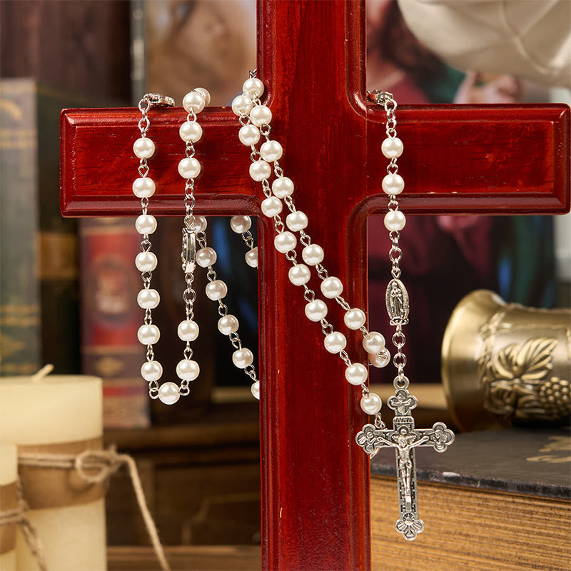 christiandiscipleshop Miraculous Medal & Crucifix of 6mm Pearl Ball Prayer Beads Rosary(White&Red)