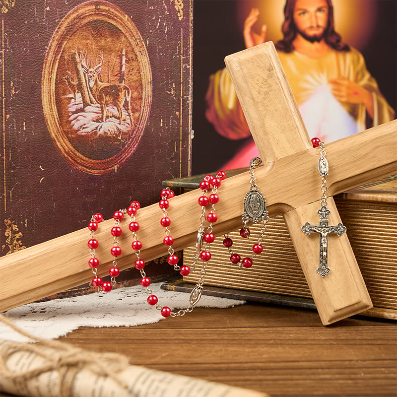christiandiscipleshop Miraculous Medal & Crucifix of 6mm Pearl Ball Prayer Beads Rosary(White&Red)