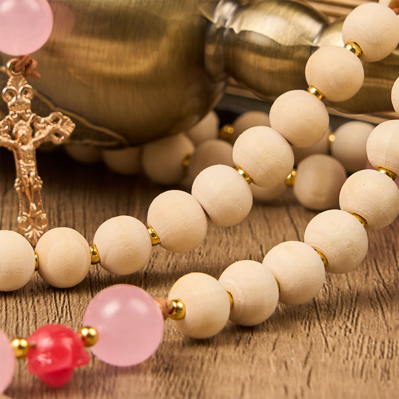 christiandiscipleshop Miraculous Medal & Crucifix of 10mm Natural Wood Prayer Beads Handmade Rosary