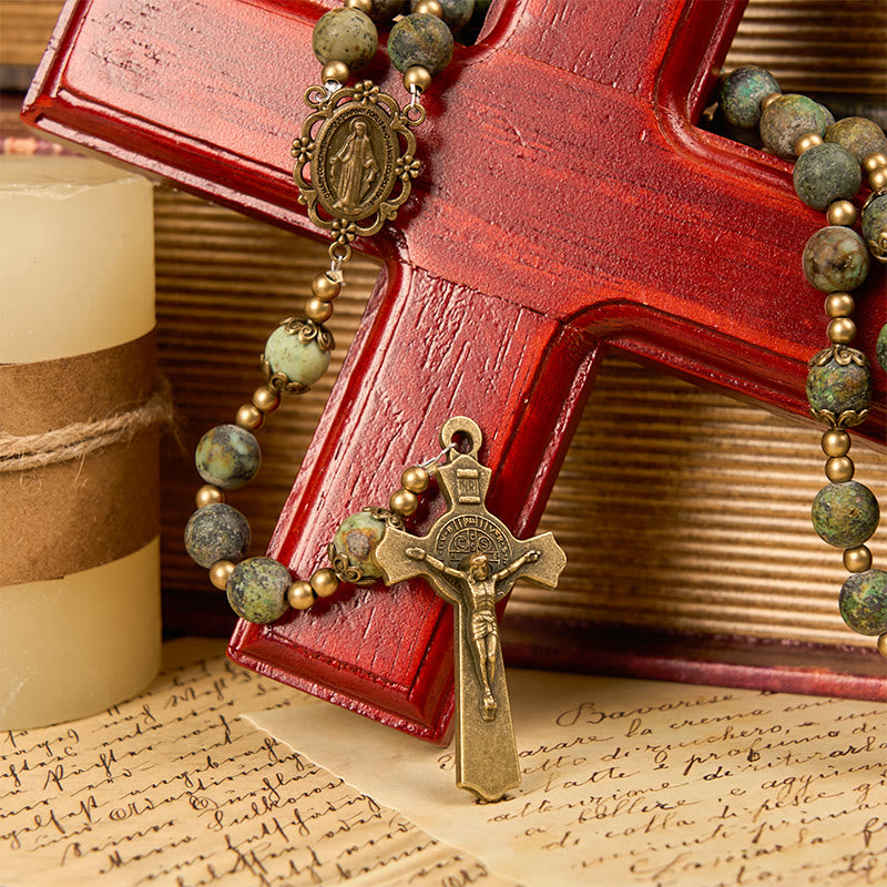 Christiandiscipleshop Retro Style Miraculous Medal & Crucifix of 8mm Matte African Turquoise Handmade Rosary