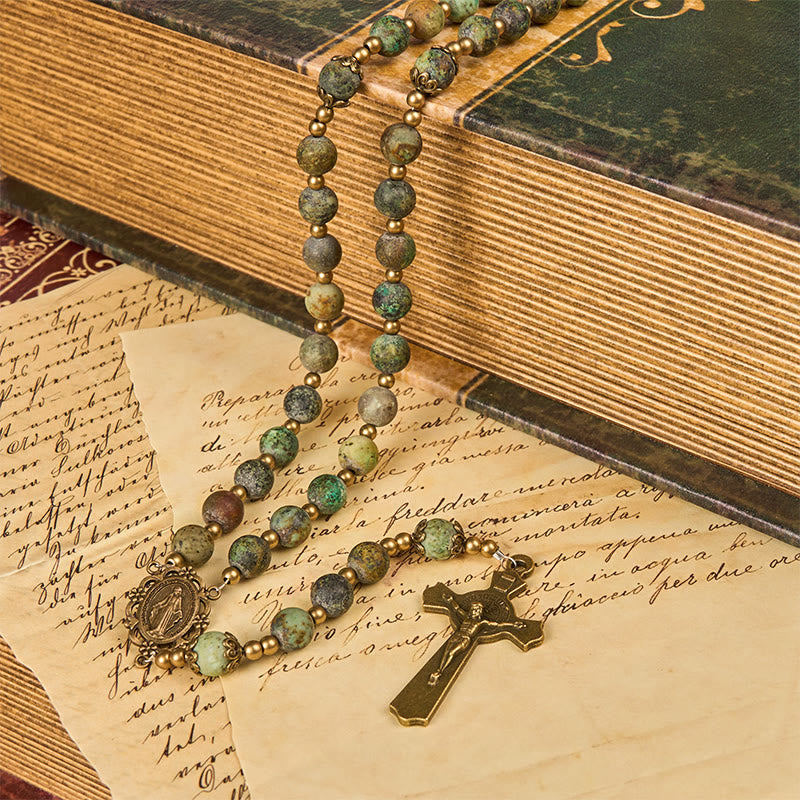 Christiandiscipleshop Retro Style Miraculous Medal & Crucifix of 8mm Matte African Turquoise Handmade Rosary