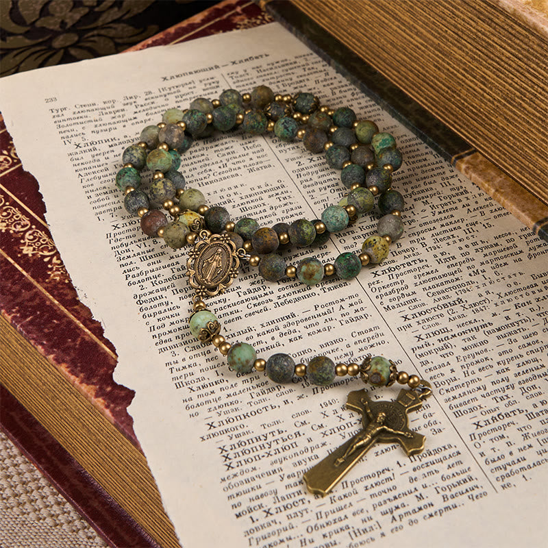 Christiandiscipleshop Retro Style Miraculous Medal & Crucifix of 8mm Matte African Turquoise Handmade Rosary