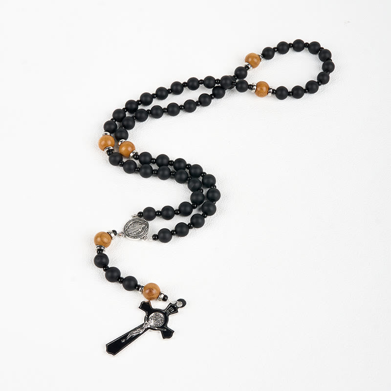 Christiandiscipleshop St. Benedict Medal & Crucifix of 8mm Elegant Matte Black & Wooden Beads Handmade Rosary