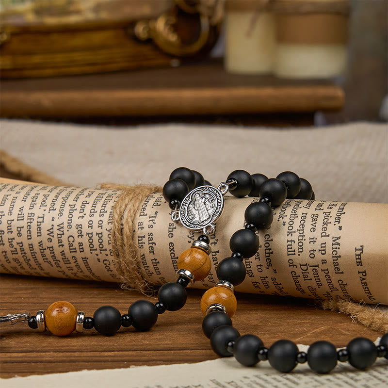 Christiandiscipleshop St. Benedict Medal & Crucifix of 8mm Elegant Matte Black & Wooden Beads Handmade Rosary