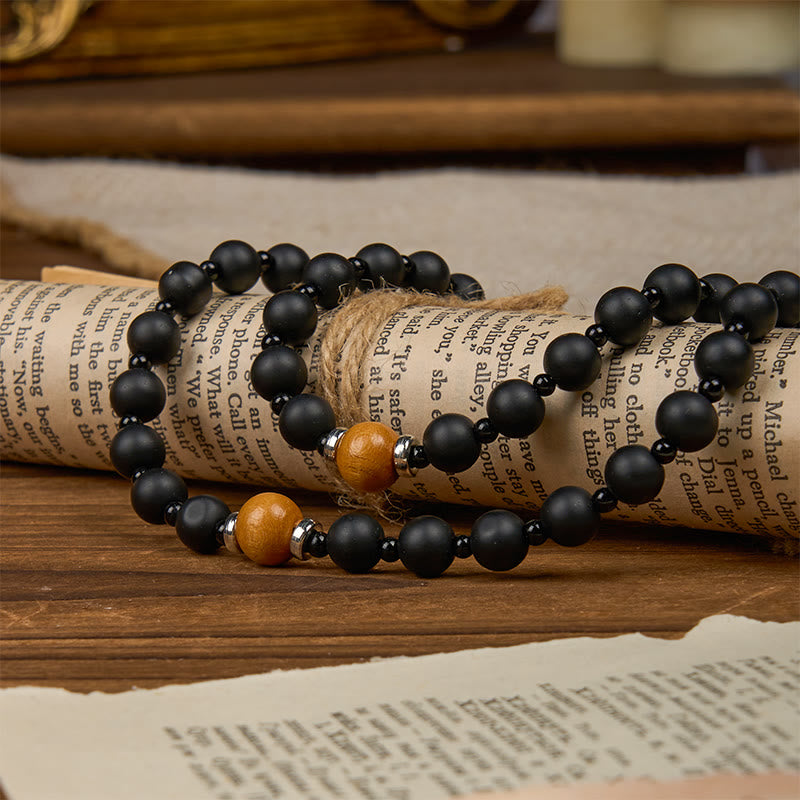 Christiandiscipleshop St. Benedict Medal & Crucifix of 8mm Elegant Matte Black & Wooden Beads Handmade Rosary