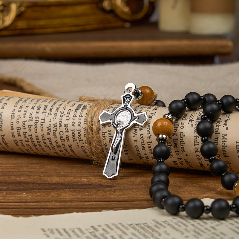 Christiandiscipleshop St. Benedict Medal & Crucifix of 8mm Elegant Matte Black & Wooden Beads Handmade Rosary