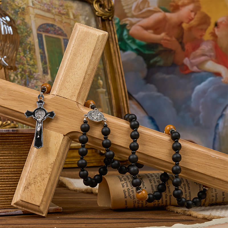 Christiandiscipleshop St. Benedict Medal & Crucifix of 8mm Elegant Matte Black & Wooden Beads Handmade Rosary