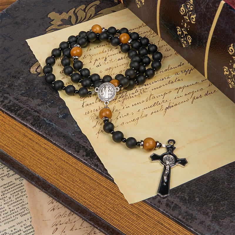 Christiandiscipleshop St. Benedict Medal & Crucifix of 8mm Elegant Matte Black & Wooden Beads Handmade Rosary