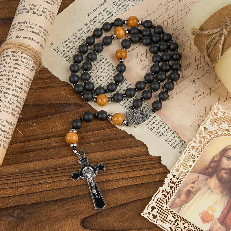 Christiandiscipleshop St. Benedict Medal & Crucifix of 8mm Elegant Matte Black & Wooden Beads Handmade Rosary