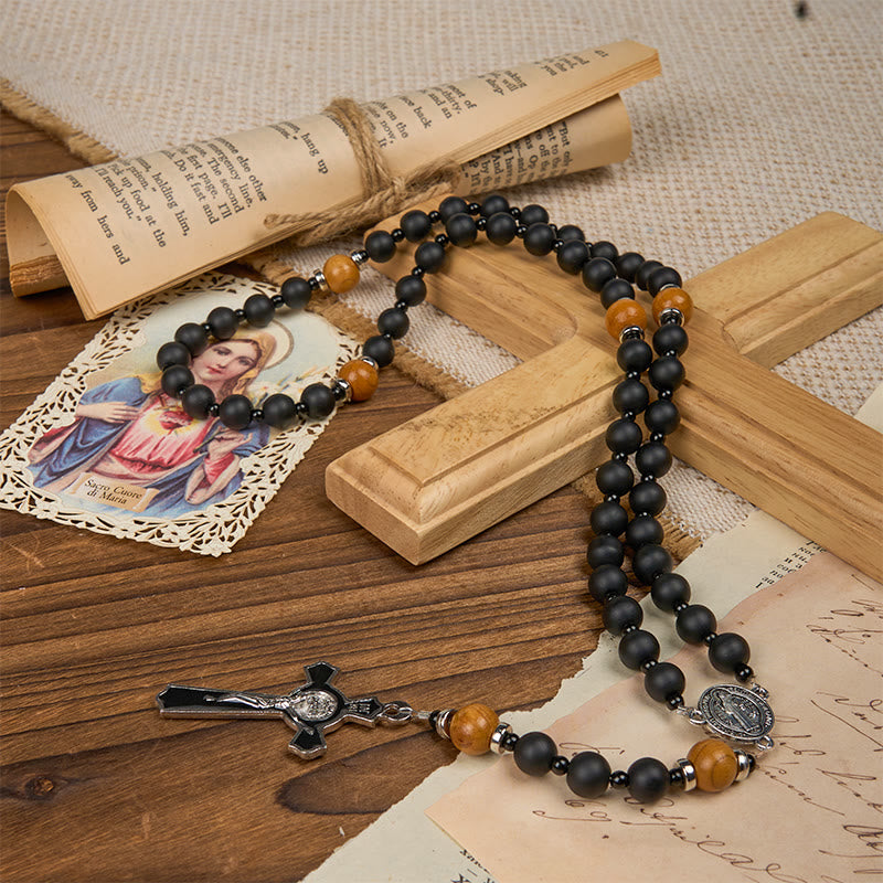Christiandiscipleshop St. Benedict Medal & Crucifix of 8mm Elegant Matte Black & Wooden Beads Handmade Rosary