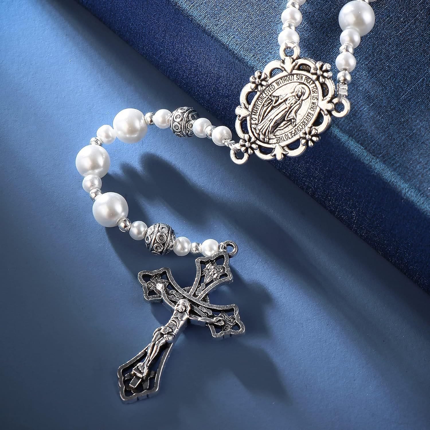 christiandiscipleshop Miraculous Medal & Crucifix of 8mm White  Pearl Ball Prayer Beads Rosary
