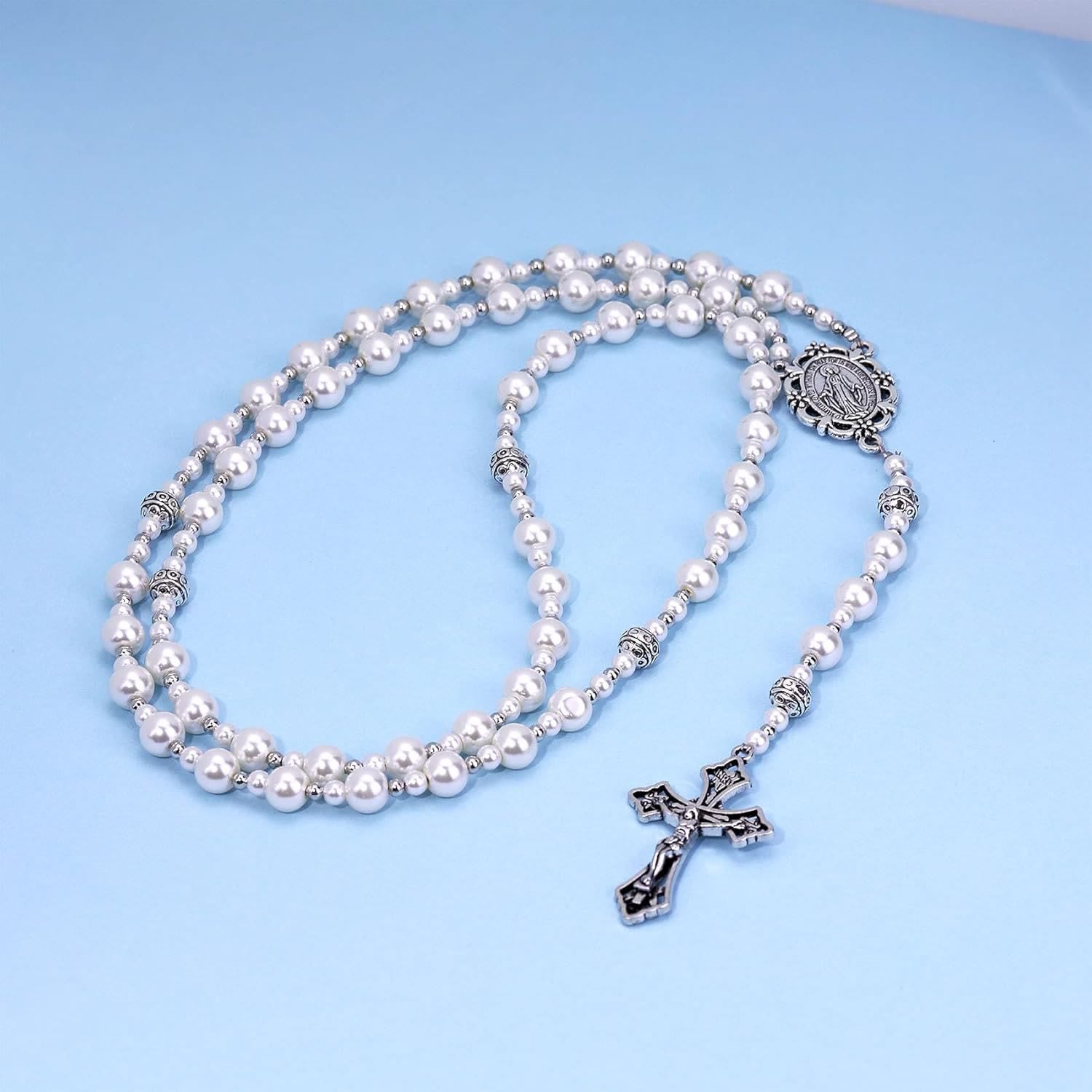 christiandiscipleshop Miraculous Medal & Crucifix of 8mm White  Pearl Ball Prayer Beads Rosary