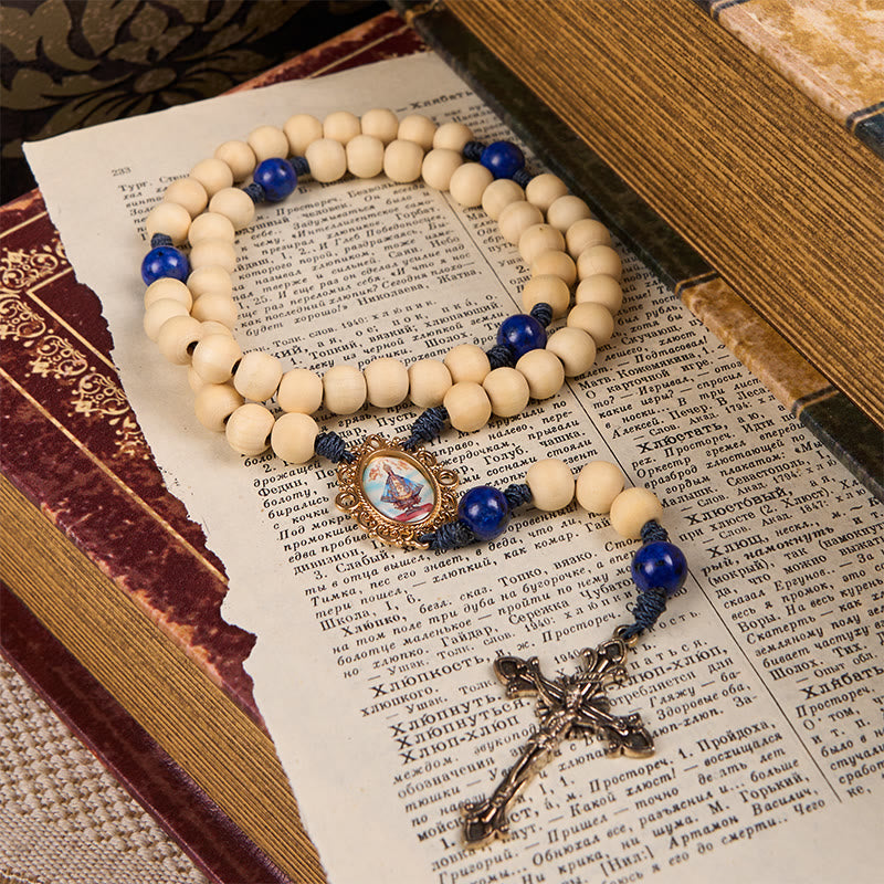 Christiandiscipleshop Our Lady & Crucifix of 10mm Handmade Wooden Beads Lapis Lazuli Our Father Beads Rosary