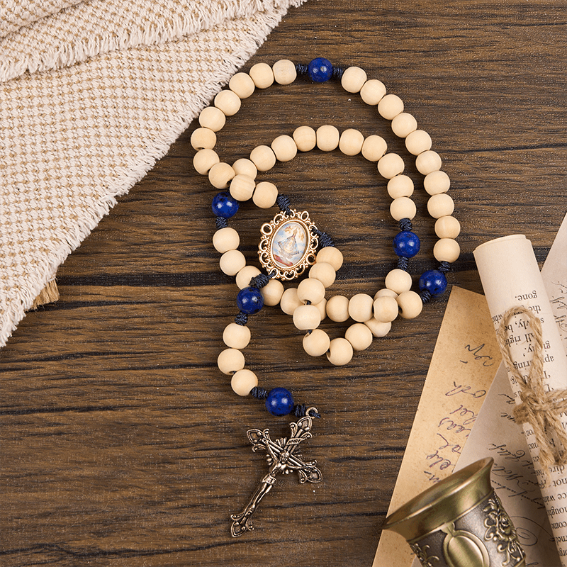 Christiandiscipleshop Our Lady & Crucifix of 10mm Handmade Wooden Beads Lapis Lazuli Our Father Beads Rosary