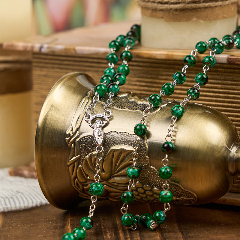 Christiandiscipleshop Our Lady & Crucifix of 6mm Green Pattern Glass Beads Prayer Rosary